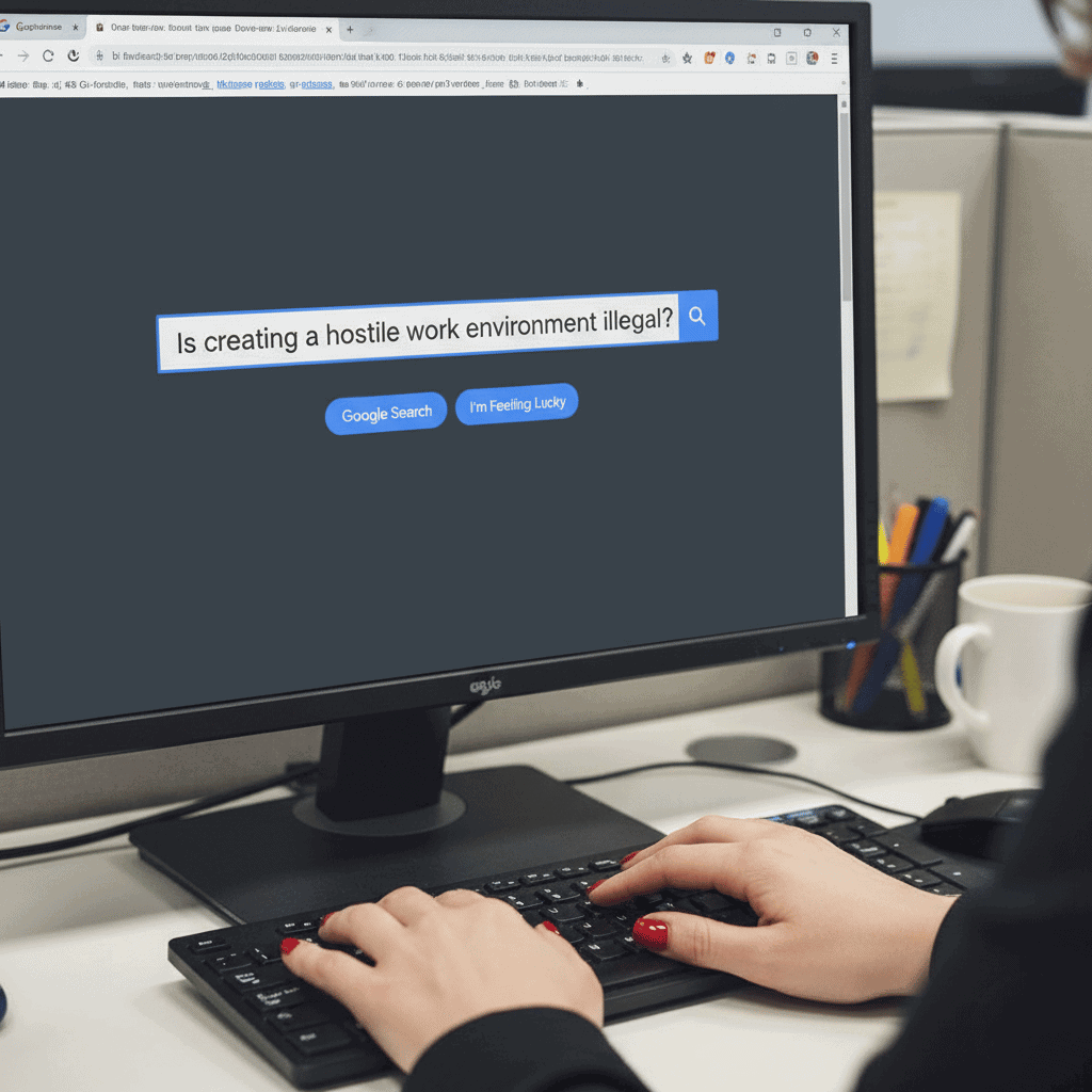 A woman typing "Is creating a hostile work environment illegal?" into the search bar on a black PC work computer