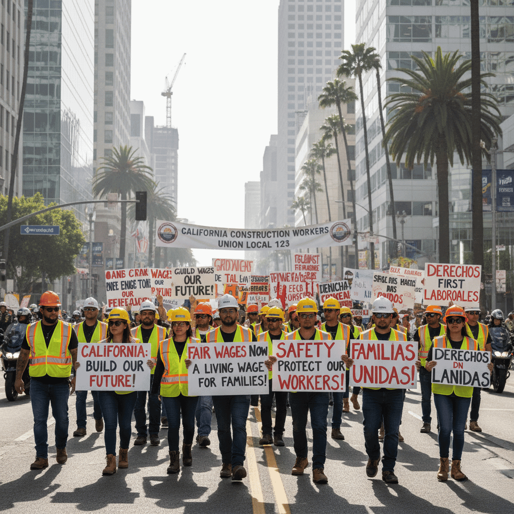 Construction workers protesting in Los Angeles with signs such as "Fair Wages Now"