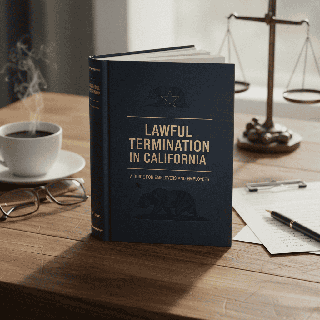 A blue book with gold writing that says, "Lawful Termination in California" on the front cover. 